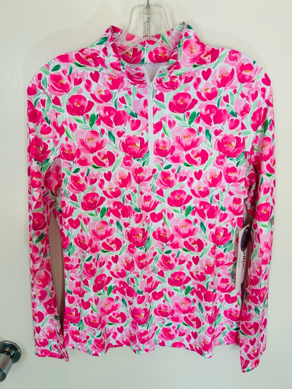 Gottex Pink, White & Green Floral Tulip 1/4 Quarter-Zip Pullover Top / Jacket, S